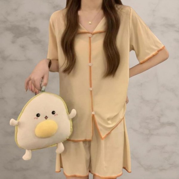 [옷자락] 여성 수면복 부드러운 핏 루즈한 반팔 반바지 잠옷 세트