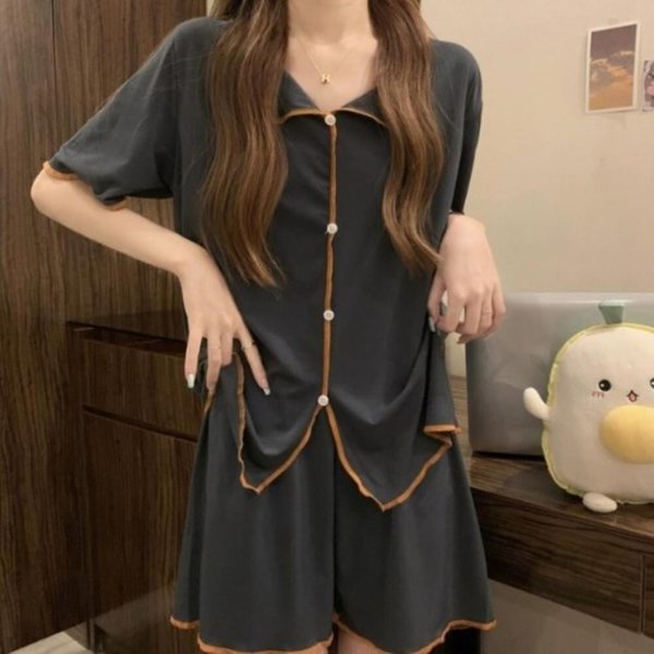 [옷자락] 여성 수면복 부드러운 핏 루즈한 반팔 반바지 잠옷 세트