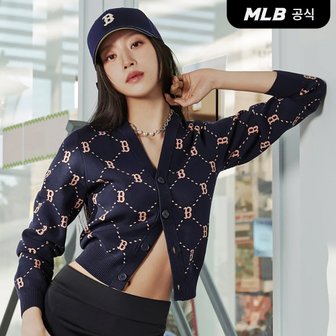 MLB [코리아공식][문가영 착용] 여성 다이아 모노그램 전판 크롭 가디건 BOS (Navy)