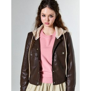 Knitted Hoodie Leather Jacket (BROWN)