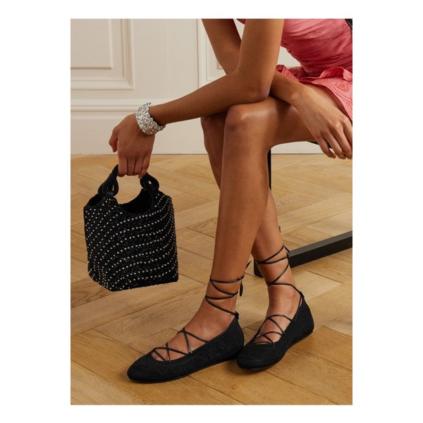 벨나 가죽 트리밍 우븐 발레리나 플랫 블랙 1647597332641959