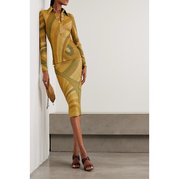 프린트 메탈릭 저지 미디 스커트 46376663162932367