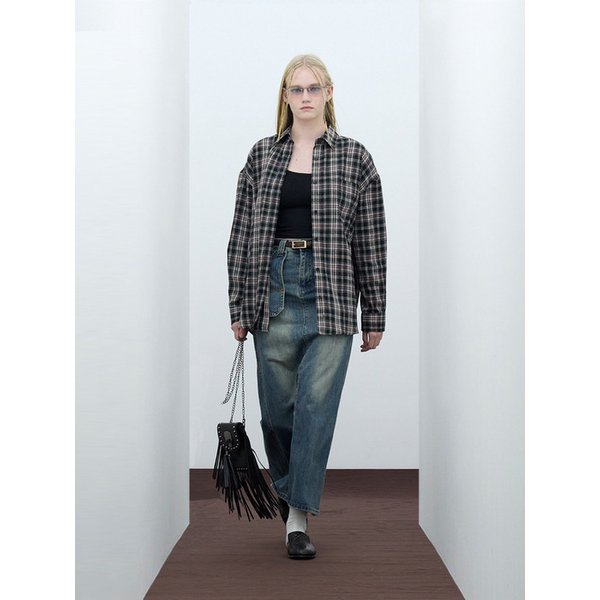 85-VIVA067 내추럴 오버핏 포켓 긴팔 체크 셔츠 블랙