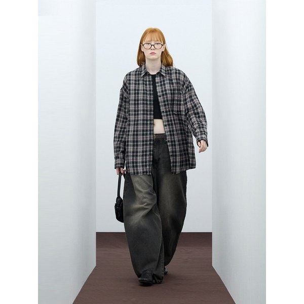 85-VIVA067 내추럴 오버핏 포켓 긴팔 체크 셔츠 블랙