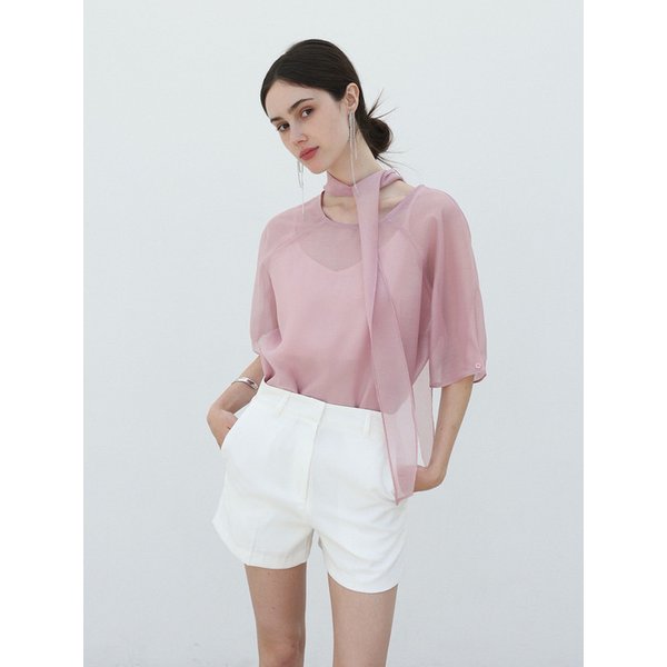Half overfit sheer blouse - PINK