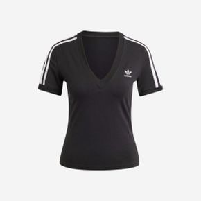 (W) 아디다스 삼선 브이넥 슬림 티셔츠 블랙 - KR 사이즈 (W) Adidas 3-Stripes V-Neck Slim T-S