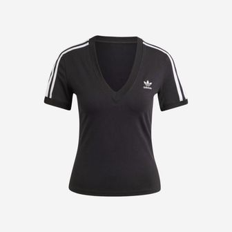  (W) 아디다스 삼선 브이넥 슬림 티셔츠 블랙 - KR 사이즈 (W) Adidas 3-Stripes V-Neck Slim T-S