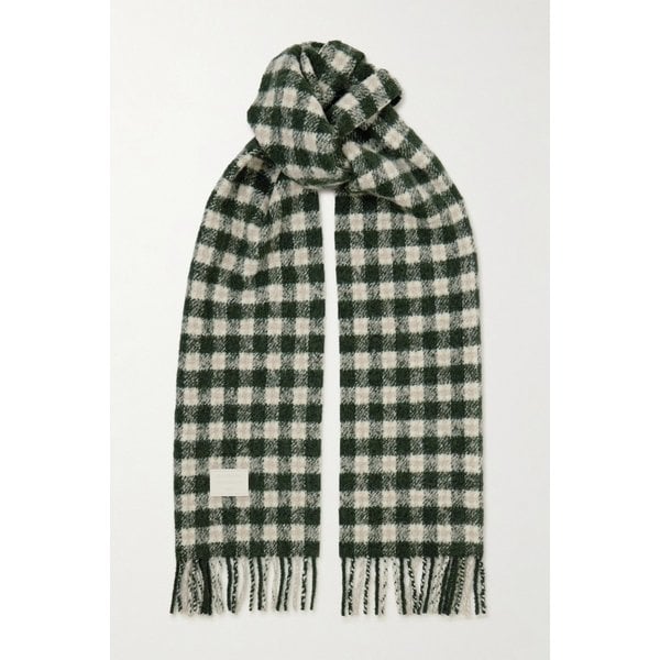 가죽 트리밍 체크 브러시드 니트 스카프 다크 그린 46376663162969925