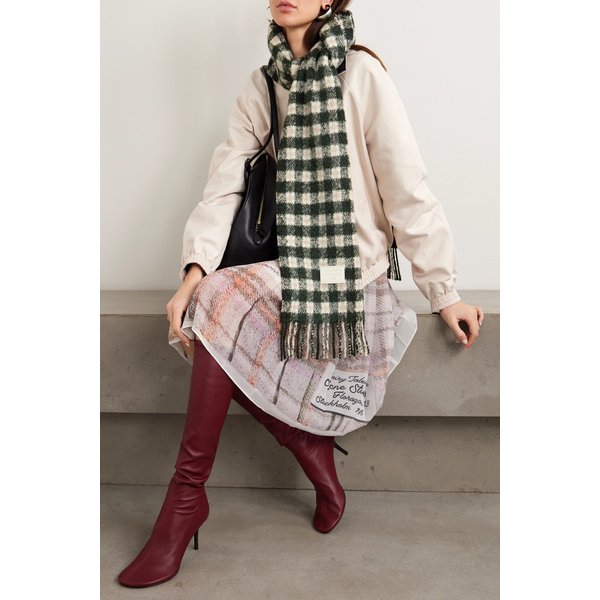 가죽 트리밍 체크 브러시드 니트 스카프 다크 그린 46376663162969925