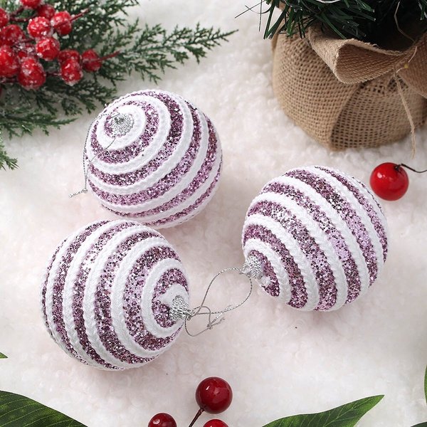 샤인퍼플 글리터 장식볼 3p세트(8cm) (가로로프)