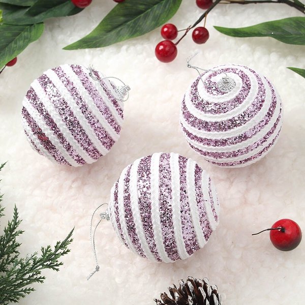 샤인퍼플 글리터 장식볼 3p세트(8cm) (가로로프)