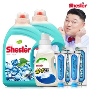 강호동의 쉬슬러 액상 세제 후레쉬 3.05L 2개+실내건조전용 650ml 1개+치석케어 치약 100g 2개.