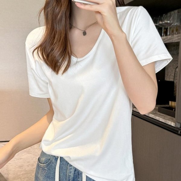 [옷자락] 여성 데일리 찰랑핏 유넥 반팔 무지 티셔츠