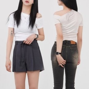 원숄더 반팔 티 언발 오프숄더 크롭 슬림핏 티셔츠_P400130804