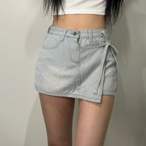 리본 랩 워싱 데님 치마바지 [미니 스커트 숏팬츠 여성 A라인 치마 여자 연청 반바지 언발 바지]