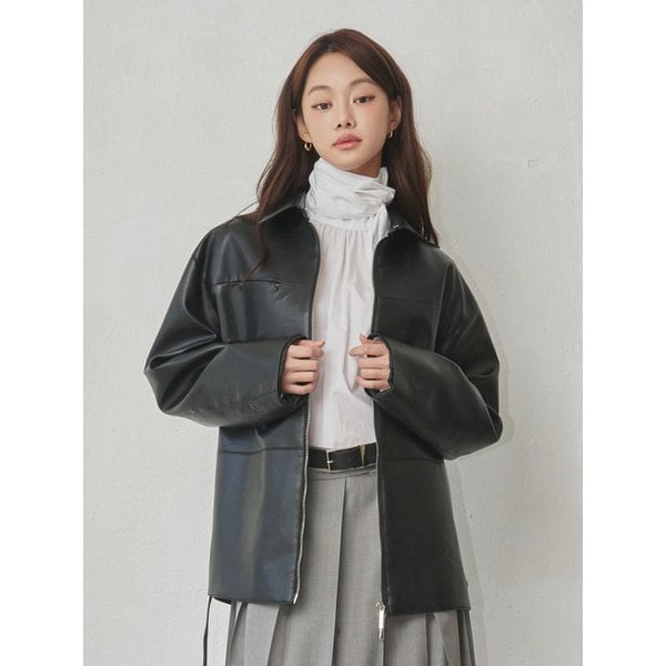 Shirt Collar Leather Zip-up Jacket_3color