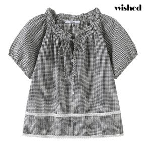 프릴 리본넥 루즈핏 체크 반팔 블라우스 (WIDBBL050)