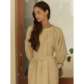 Soft shirring two ribbon long dress - cream