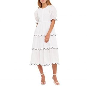 4600107 English Factory Contrast Scalloped Trim Cotton Midi Dress