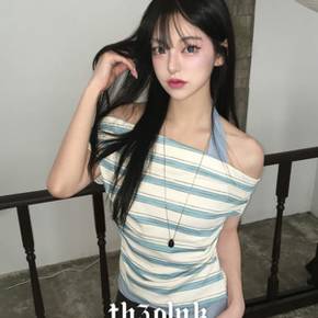 / 미늉 홀터넥 스트라이프 언발 오프숄더 옆셔링 반팔티
