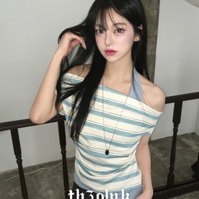 / 미늉 홀터넥 스트라이프 언발 오프숄더 옆셔링 반팔티