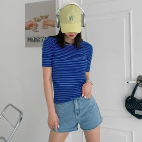 여자 파란색 탄력 반소매 줄무늬 착붙 슬림핏 편한 티셔츠