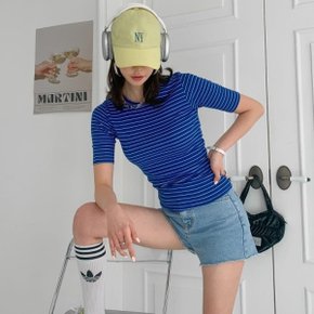 여자 파란색 탄력 반소매 줄무늬 착붙 슬림핏 편한 티셔츠