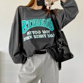 체크배색레터링 라운드박스 긴팔롱티셔츠 가을데일리 루즈핏 빅사이즈 면캐주얼_P437241539