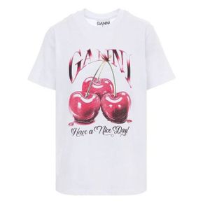 GANNI 24FW T4004 151 가니 체리 프린트 화이트 반팔티 270928