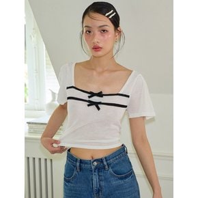 Ribbon Square Neck Crop Knit_ White