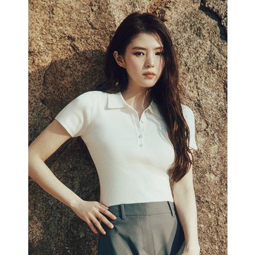 지오다노 NEW 한소희 립 골지 폴로넥 반팔 니트 355529