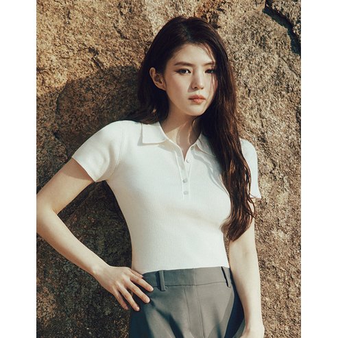 지오다노 NEW 한소희 립 골지 폴로넥 반팔 니트 355529