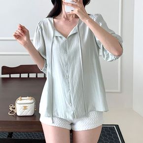 러플 타이 블라우스 7부 퍼프 반팔 핀탁 셔링 오피스룩 하객룩 셔츠_P428194092