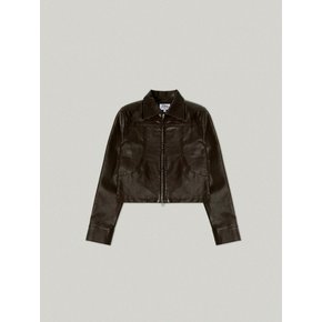 FAUX LEATHER CROP JACKET [BROWN]