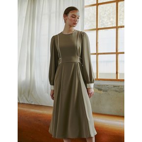 Combination Color Piping Dress, Khaki Brown