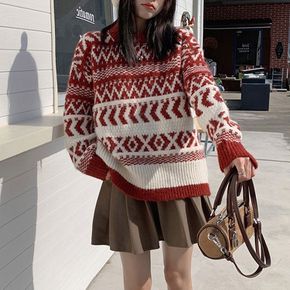 노르딕 패턴 니트 겨울 티셔츠 오버핏 캐주얼 여친룩