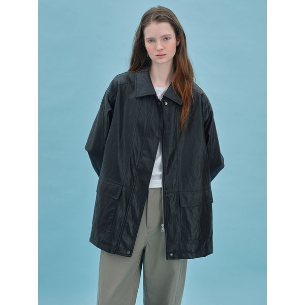 [리퍼브] 레더 하프 트렌치 BLACK