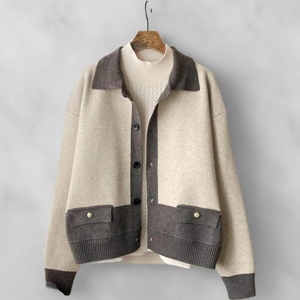 [옷자락] 여성 이중 색상 절개 카라넥 루즈핏 긴팔 니트가디건