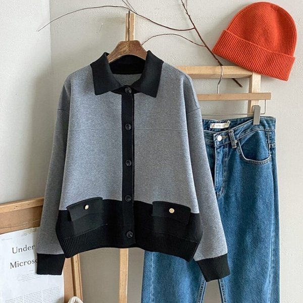 [옷자락] 여성 이중 색상 절개 카라넥 루즈핏 긴팔 니트가디건