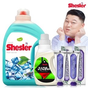 강호동의 쉬슬러 액상 세제 후레쉬 3.05L 1개+구스다운워시전용 650ml 1개+잇몸케어 치약 100g 2개.