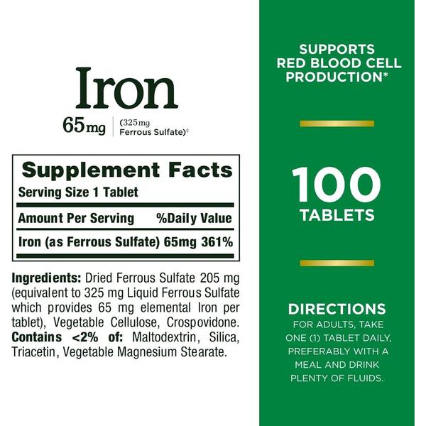 [해외직구] 네이처스바운티 아이언 철분제 65mg 황산철 325mg 100정 Nature’s Bounty Iron 65mg Ferrous Sulfate 325mg 100 Tablets