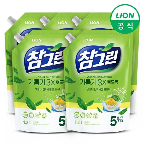 참그린 녹차 기름기 뽀드득 주방세제 1.2L리필 5개