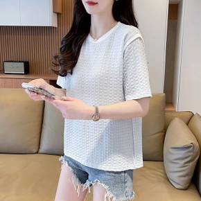 / NT2579 여성 와플 텍스쳐 배색 라인 반팔 티셔츠