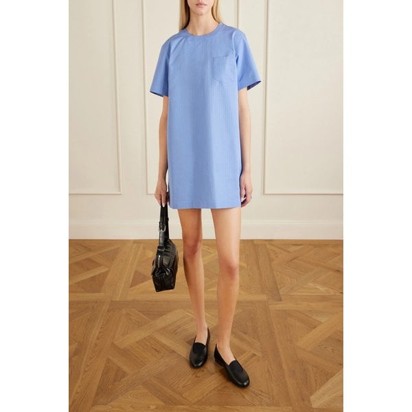 플리츠 스트라이프 코튼 블렌드 포플린 미니 원피스 블루 46376663163025245