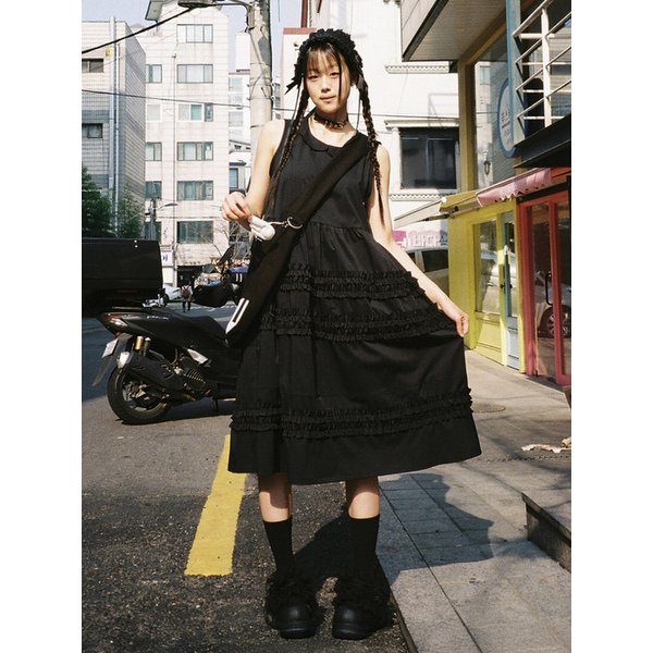 Doll Collar Frill Dress - BLACK
