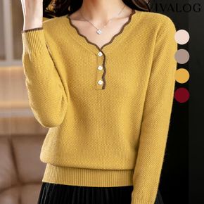 리사 물결넥 꽃단추 배색 니트_P347463104