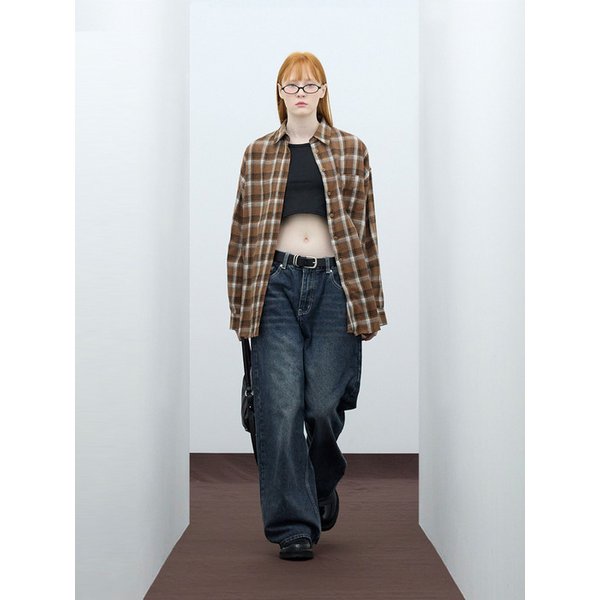 85-VIVA068 하우스 포레스트 오버핏 포켓 긴팔 체크 셔츠 브라운