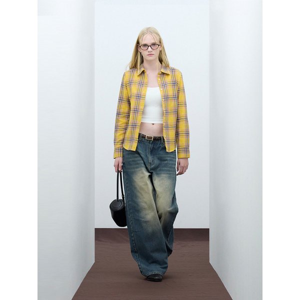 85-VIVA083 레트로 피스 슬림핏 긴팔 체크 셔츠 옐로우