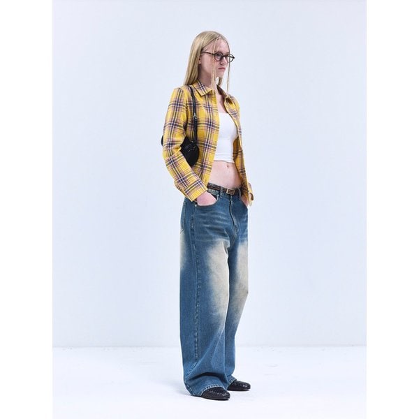 85-VIVA083 레트로 피스 슬림핏 긴팔 체크 셔츠 옐로우