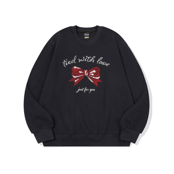 리본 드로잉 자수 스웨트셔츠 네이비